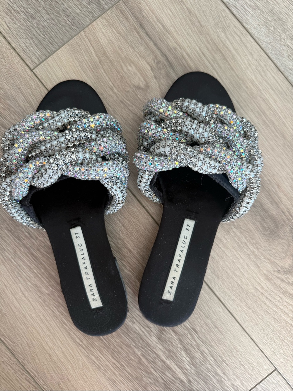 Zara Silver Braided Crystal-Embellished Slide Mules